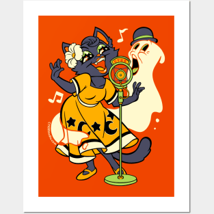 Halloween Black Cat & Ghost Singing Posters and Art